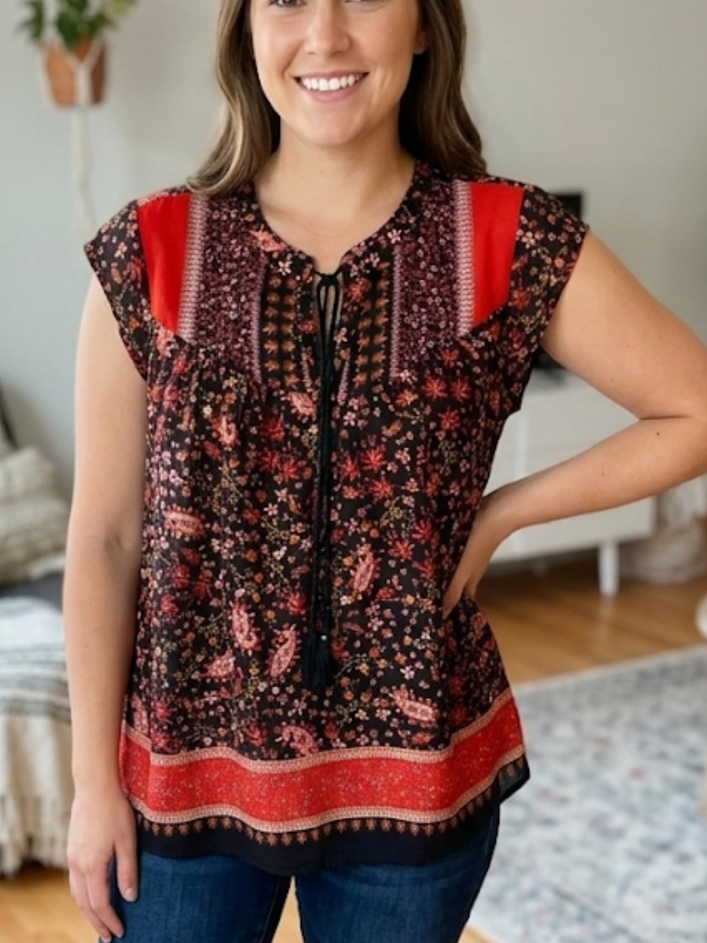 DR2 Boho Floral Tie-Neck Cap Sleeve Top Red Black NWOT XL tassels summer vacay